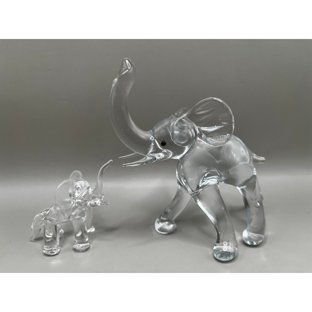 Vtg Clear Blown Glass Elephant Figurines Mother and Calf Set of 2 3.5" 1.5" Gift